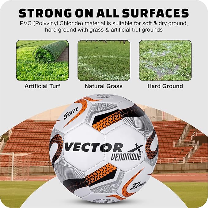 vector x venomous pvc machine stitched indoor/outdoor water resistant football + pump with butyl bladder, white orange, size 5, suitable for match and training for adults 15+ years vector x venomous pvc machine stitched indoor/outdoor water resistant football + pump with butyl bladder, white orange, size 5, suitable for match and training for adults 15+ years