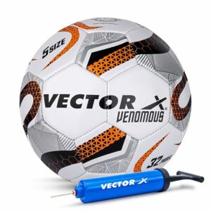vector x venomous pvc machine stitched indoor/outdoor water resistant football + pump with butyl bladder, white orange, size 5, suitable for match and training for adults 15+ years