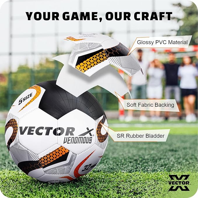vector x venomous pvc machine stitched indoor/outdoor water resistant football + pump with butyl bladder, white orange, size 5, suitable for match and training for adults 15+ years vector x venomous pvc machine stitched indoor/outdoor water resistant football + pump with butyl bladder, white orange, size 5, suitable for match and training for adults 15+ years